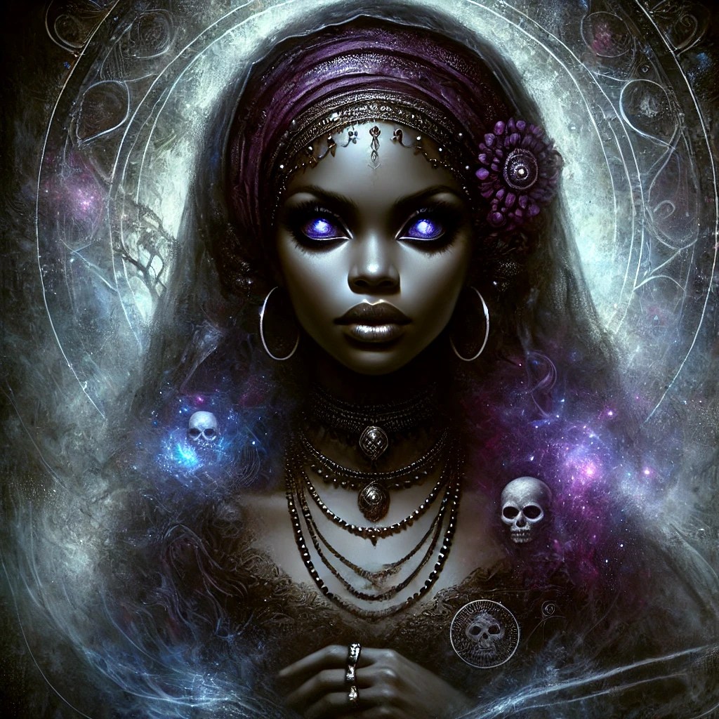 DALL·E 2024-10-22 19.23.34 - A dark and mystical depiction of Yewa, the Yoruba goddess of the night and the lands of the dead, reincarnated as a human. She appears as an ordinary